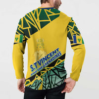 Yellow button-up sweatshirt with back print and navy-green geometric pattern