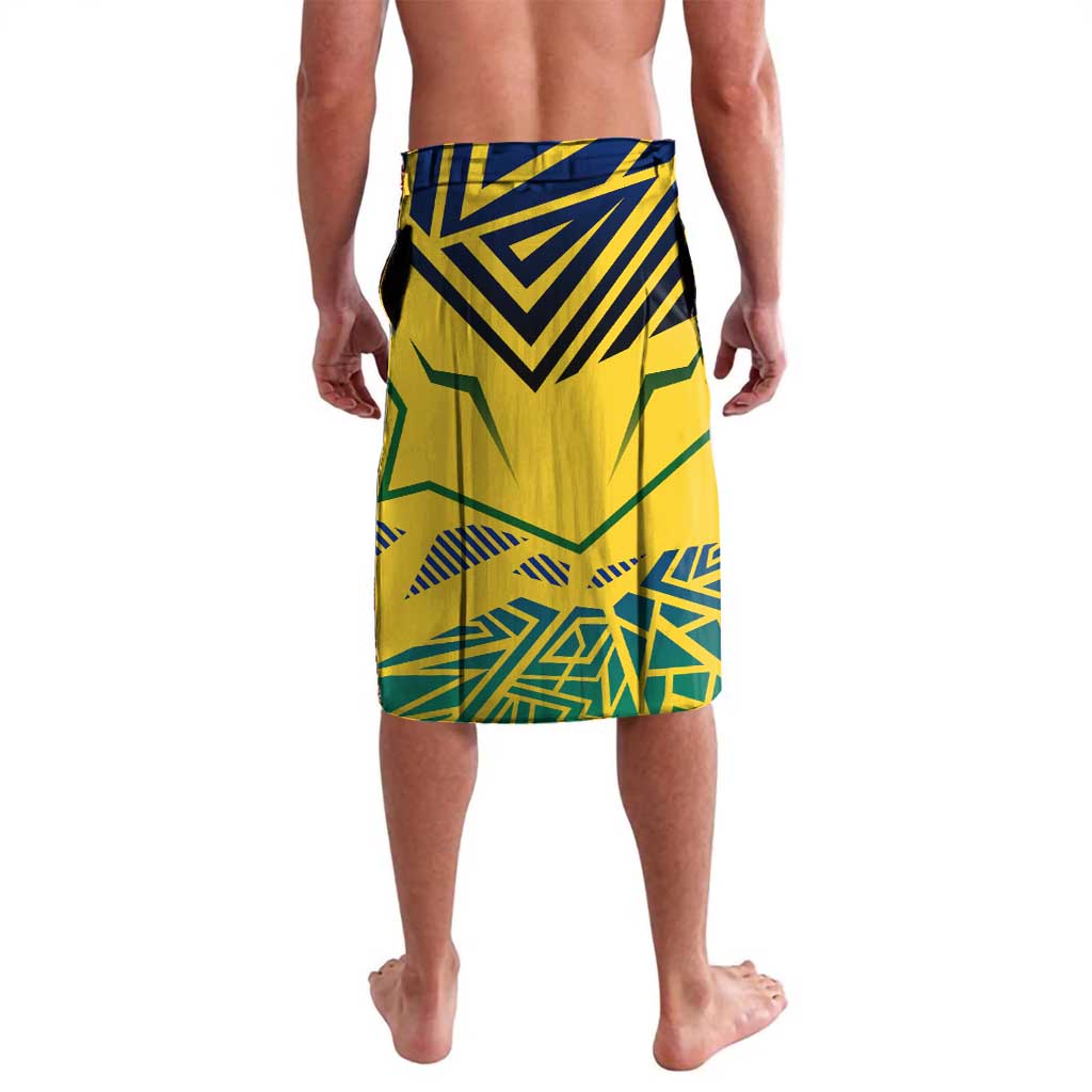 Yellow and green graphic lavalava-style shorts with blue waistband and pattern