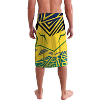 Yellow and green graphic lavalava-style shorts with blue waistband and pattern