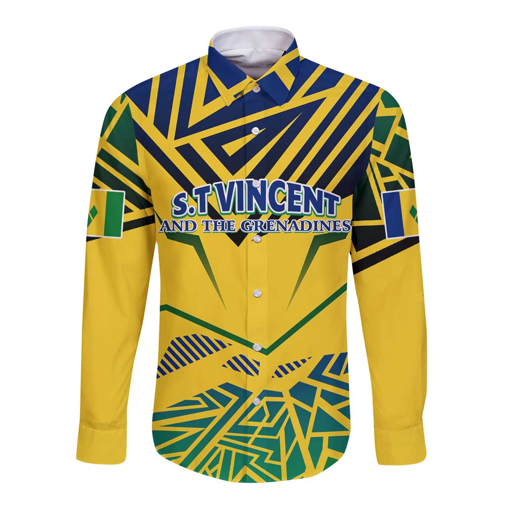 Yellow long-sleeve button shirt with multicolor geometric logo front