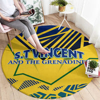 Round yellow area rug with blue stripes and green borders, S.T. Vincent text centered
