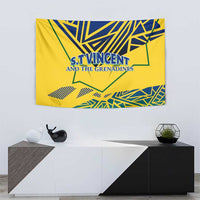 Yellow tapestry wall hanging with blue and green geometric shapes and S.T. Vincent and the Grenadines text