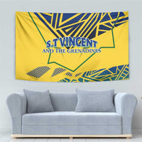 Yellow banner tapestry with centered S.T. Vincent and the Grenadines lettering and blue/green geometric artwork