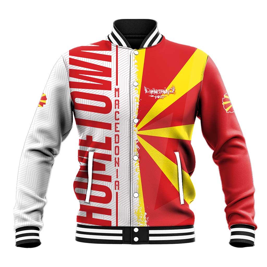 Red Macedonia flag baseball jacket with white sleeves, ribbed collar and snap front