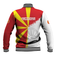 Red Macedonia flag baseball jacket with “Macedonia” on back, ribbed cuffs and hem