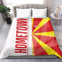 Macedonia flag bedding set on bed with red and yellow flag design over white fabric, matching pillowcases