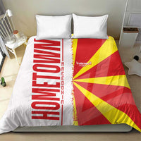 Macedonia flag duvet set with white pillowcases and quilt featuring red and yellow rays design