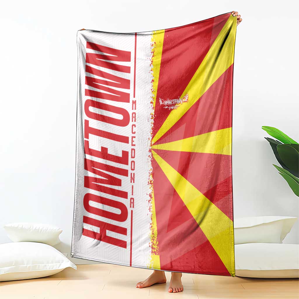 Macedonia flag and map blanket draped over floor cushion, red and yellow flag print