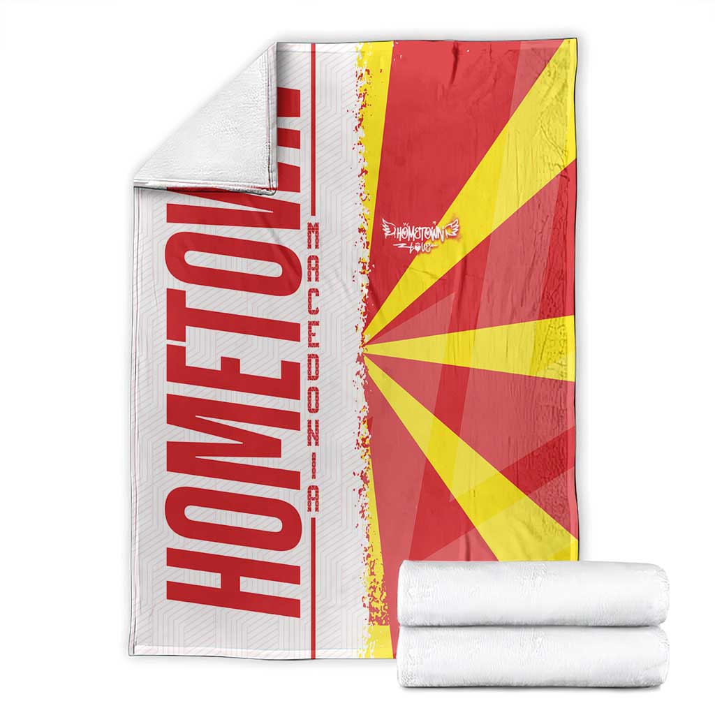 Macedonia flag and map blanket with two white rolls, red/yellow/white printed design
