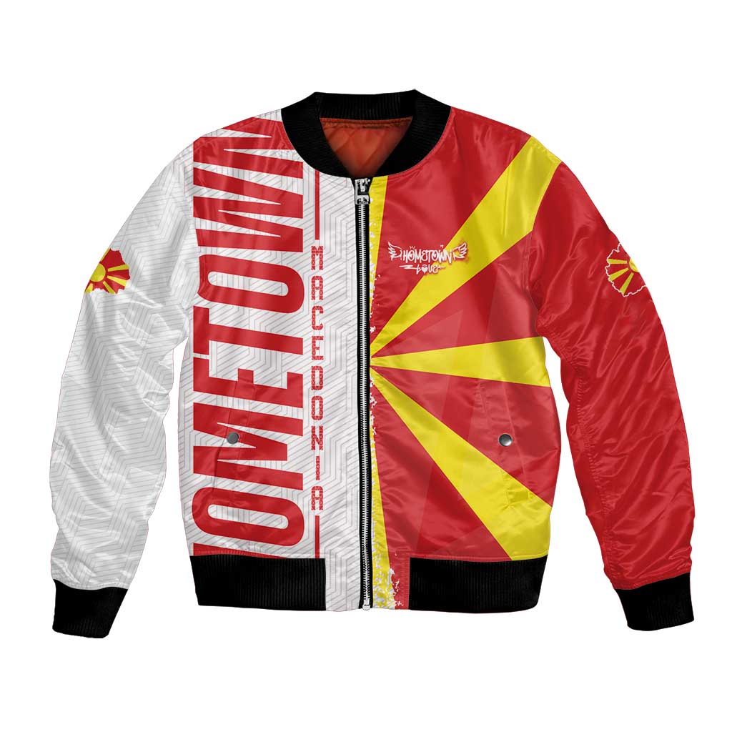 Unisex bomber jacket with red flag and white map graphics, black ribbed collar and cuffs