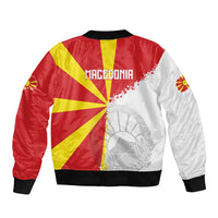 Unisex bomber jacket with Macedonia text, red-yellow flag burst and white map on back