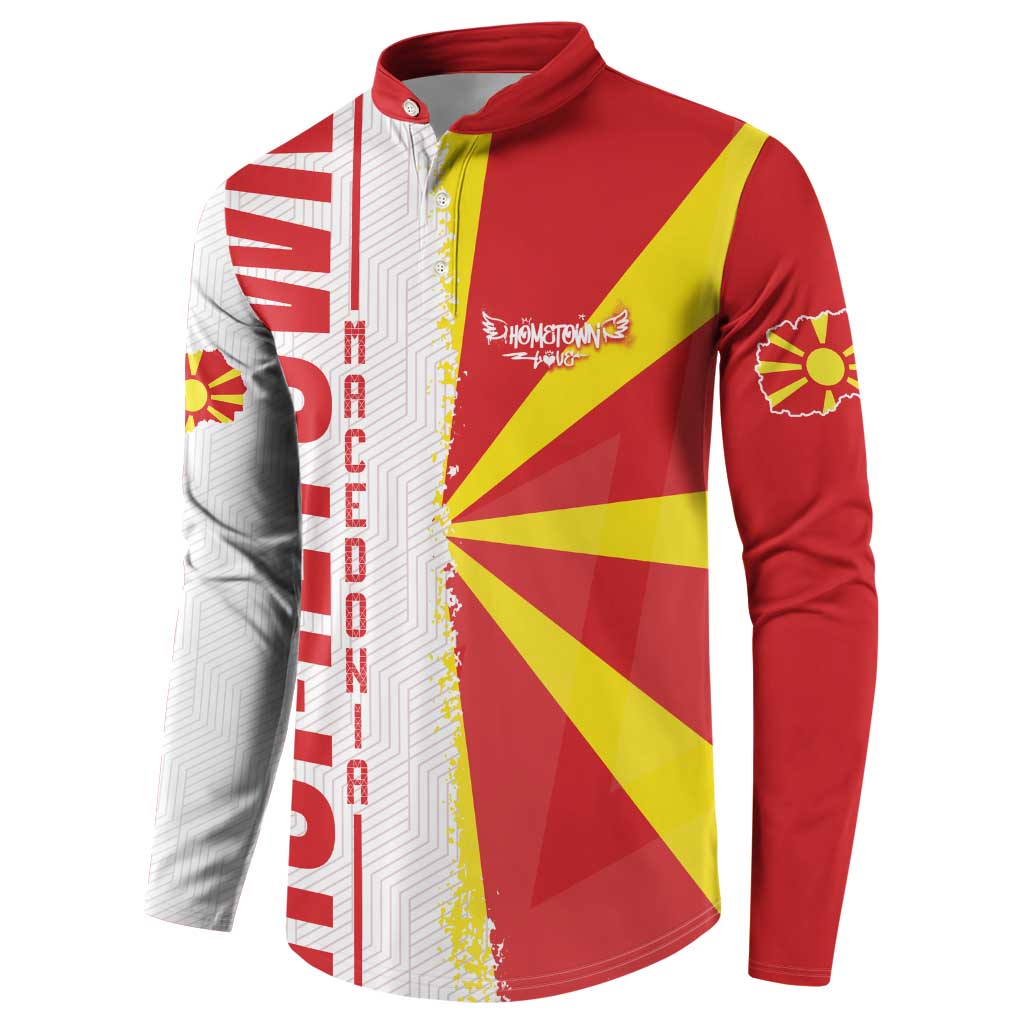 Red button sweatshirt with Macedonian flag side panels and map print, long sleeves