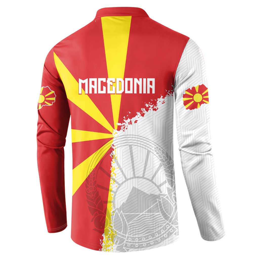 Red button sweatshirt with 'Macedonia' text and flag burst, map detail, long sleeves