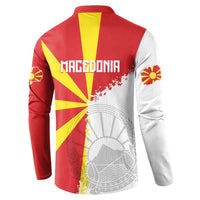 Red button sweatshirt with 'Macedonia' text and flag burst, map detail, long sleeves