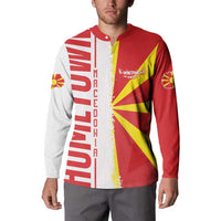 Red button sweatshirt with Macedonian flag graphic, small emblem print on sleeves