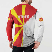 Red button sweatshirt back with Macedonian flag burst and 'Macedonia' text, map lines