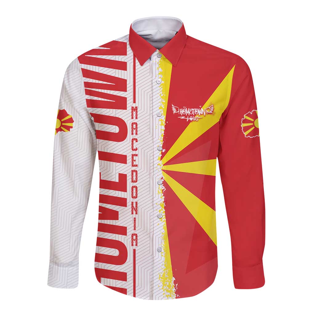 Red long-sleeve button shirt with Macedonia flag and map graphics, front view