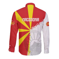 Red long-sleeve button shirt with Macedonia flag and map graphics, back view