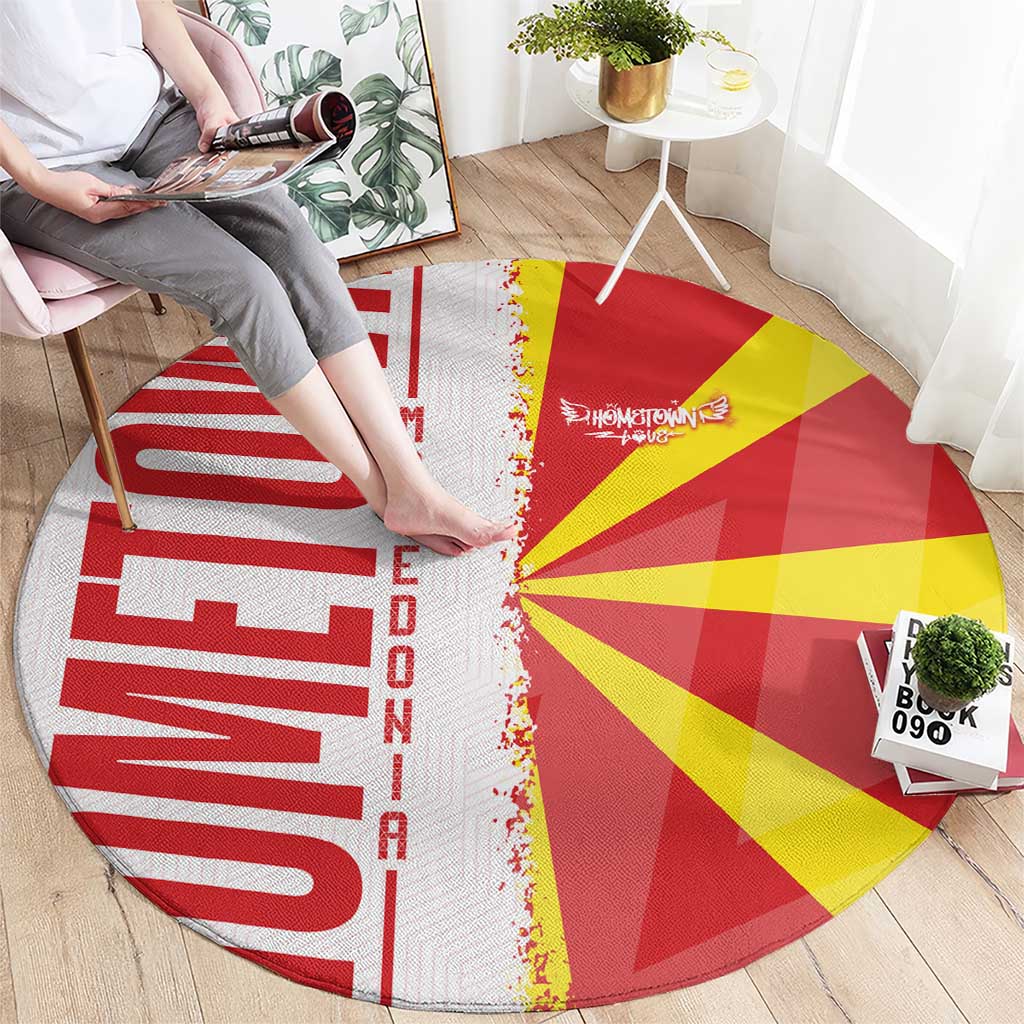 Round rug with red left text panel, Macedonian flag rays, and white fringed border