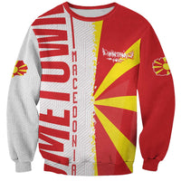 Unisex red sweatshirt with Macedonian flag graphic and vertical map print, long sleeves