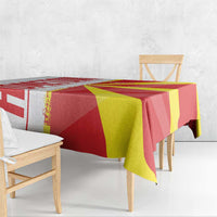 Red, yellow tablecloth with Macedonia flag and map design on bench table set, side view