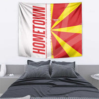 Macedonia tapestry flag showing red and yellow geometric rays over white panel with bold text