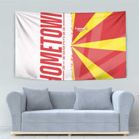 Macedonia tapestry flag with white left panel, bold red lettering, and red-yellow geometric rays