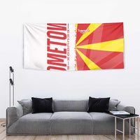 Macedonia tapestry flag with red and yellow ray pattern and bold red lettering on white