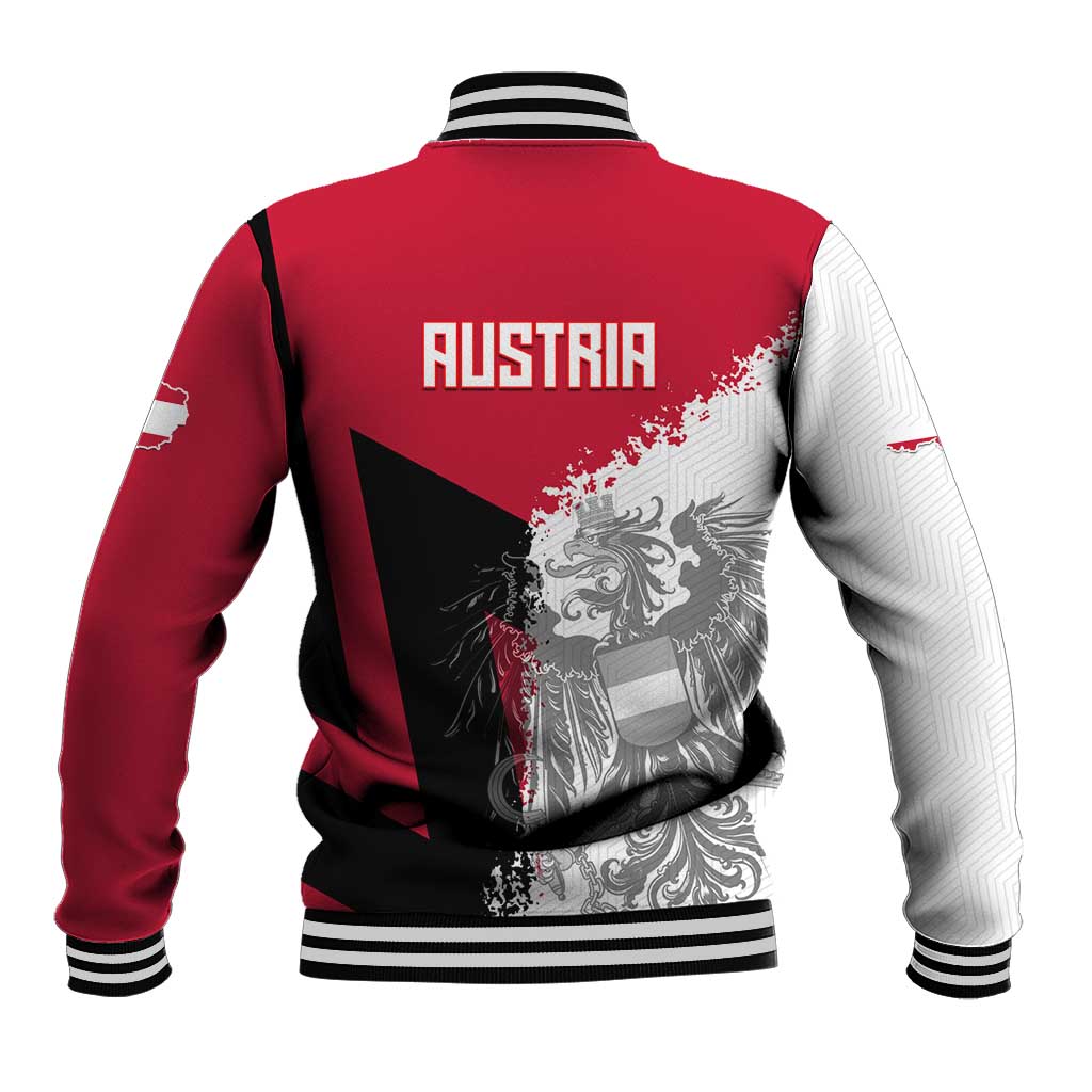Red baseball varsity jacket with striped rib collar and AUSTRIA back graphic