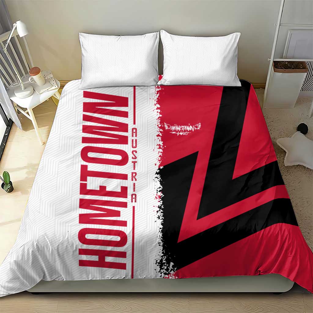 Red, black and white flag duvet cover with two pillowcases and central map graphic