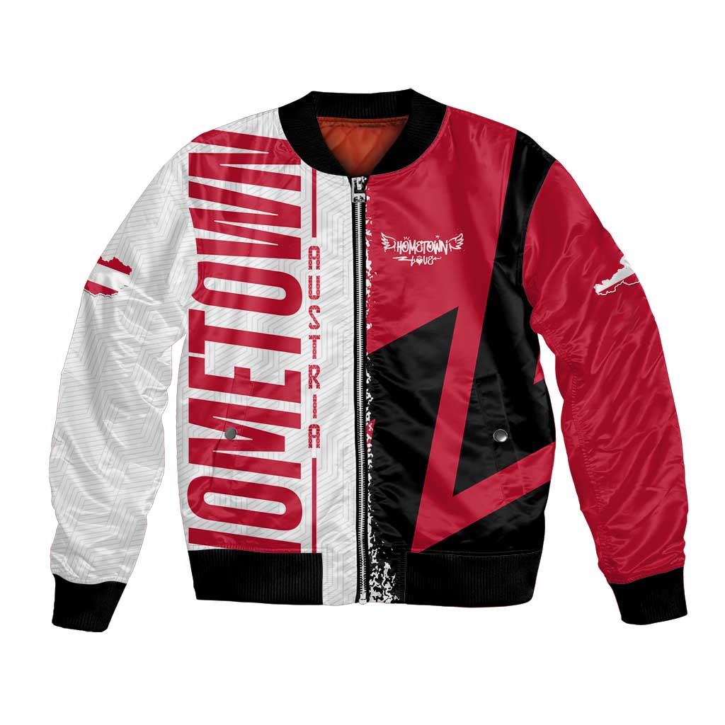 Red, black and white unisex bomber jacket with full-zip front and flag-and-map graphic