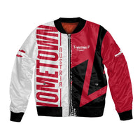 Red, black and white unisex bomber jacket with full-zip front and flag-and-map graphic