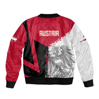 Unisex bomber jacket with red, black and white back graphic and ribbed hem