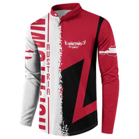 Red, white and black button sweatshirt with long sleeves, side front graphic and henley collar