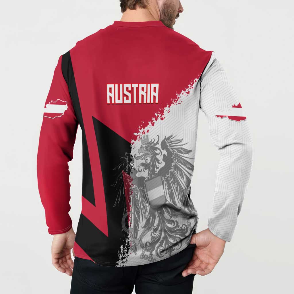 Red, white and black button sweatshirt with long sleeves, back 'AUSTIN' graphic and illustration