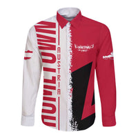 Red and white long-sleeve button shirt with abstract flag and map graphic print