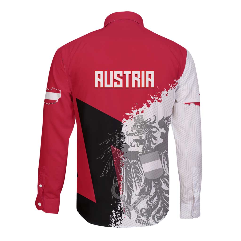 Red and white long-sleeve button shirt, back view, with AUSTRIA text and graphic print