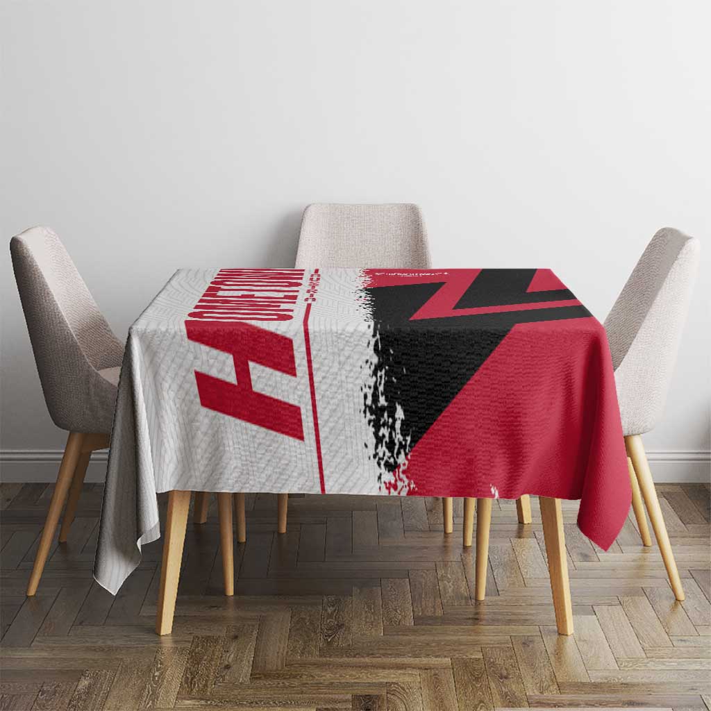 Cuba flag and map tablecloth, bold red and black diagonal and stripe print, on table