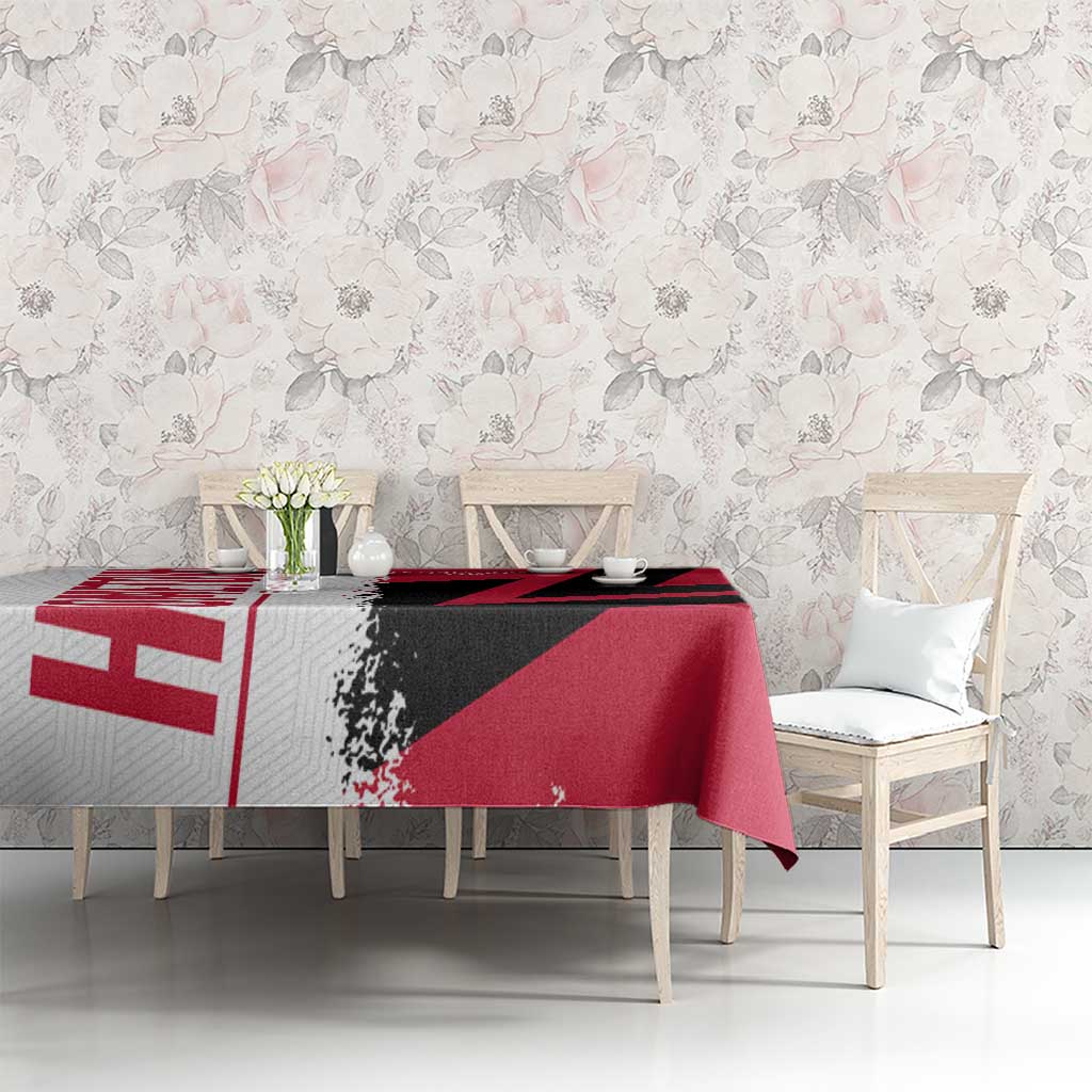 Cuba flag and map tablecloth, red and black graphic print with white text-style elements