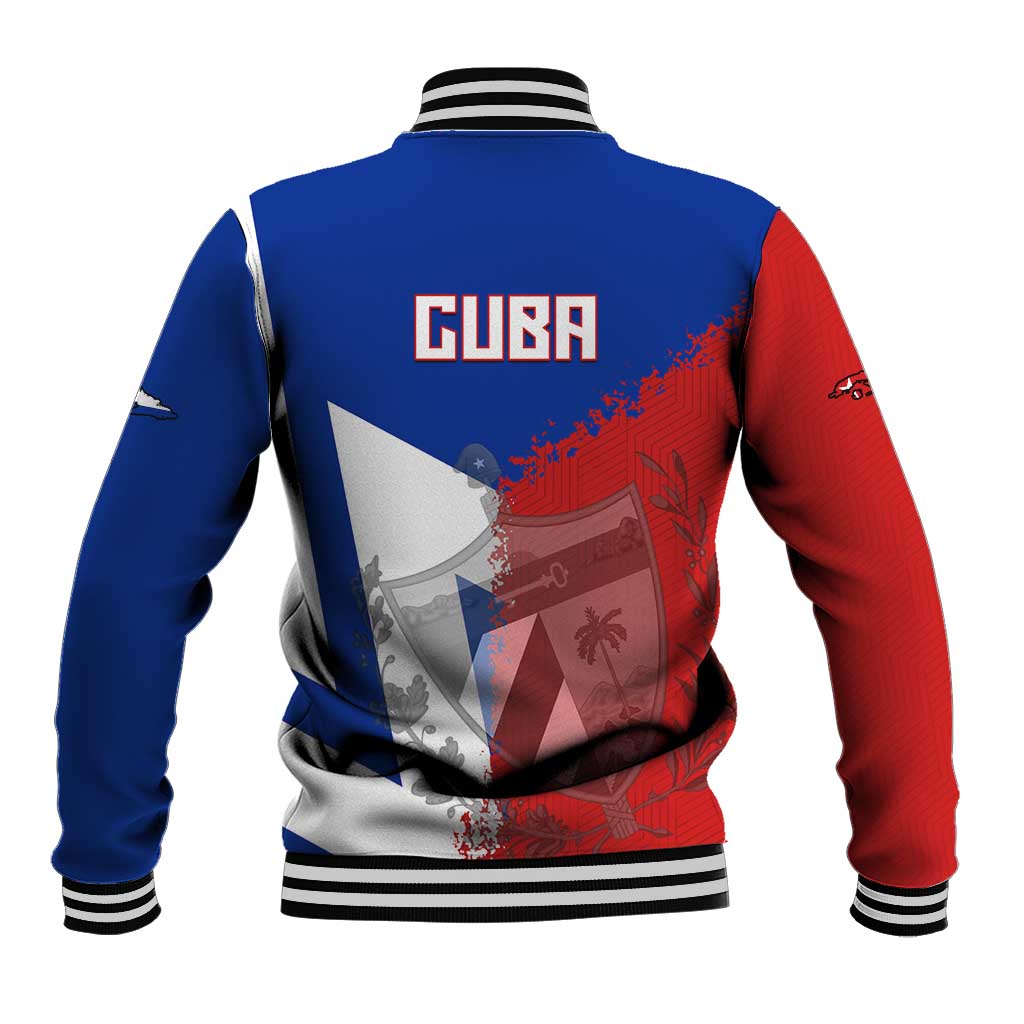 Unisex blue-red baseball jacket, back view with Czech flag/map graphic and striped rib hem