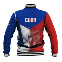 Unisex blue-red baseball jacket, back view with Czech flag/map graphic and striped rib hem