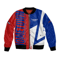 Unisex bomber jacket with flag map graphic, front zip, red/white/blue panels