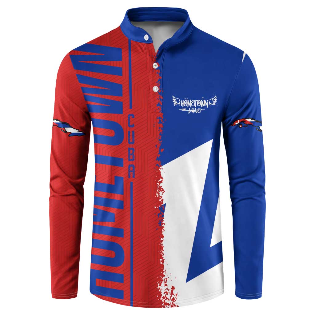 Button sweatshirt with blue collar and Czech flag map graphic, blue/red/white front