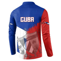 Back of button sweatshirt with “CUBA” text and shield map graphic, blue/red/white