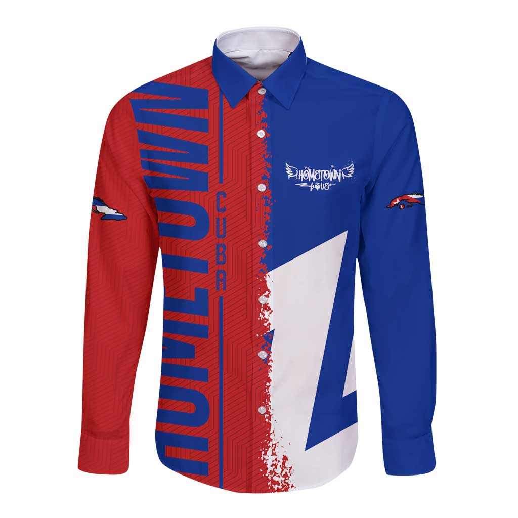Long sleeve button shirt with blue/red front graphics and white triangular panel