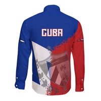 Long sleeve button shirt back with CUBAN word, shield and star graphics in blue/red
