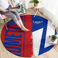 Round blue, red, and white Czechia flag-style round rug with large white triangle center