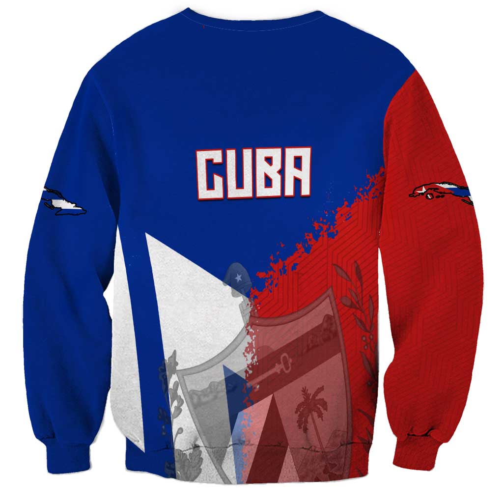 Unisex sweatshirt with large CUBA lettering and flag-map graphic, blue and red panels