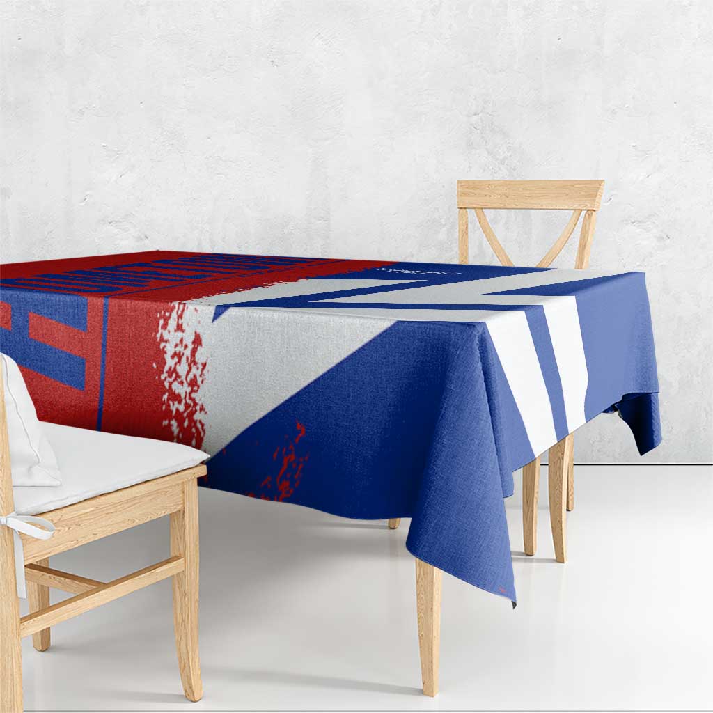 Czech flag tablecloth with blue diagonal stripes and red abstract details