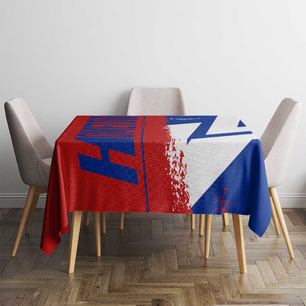 Czech flag themed tablecloth in red, blue, and white for a dining table setting